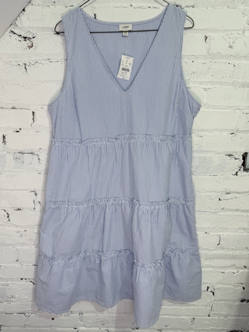 NWT J. Crew Blue White Striped Tiered Dress Sleeveless V-Neck 100% Cotton Sz 14